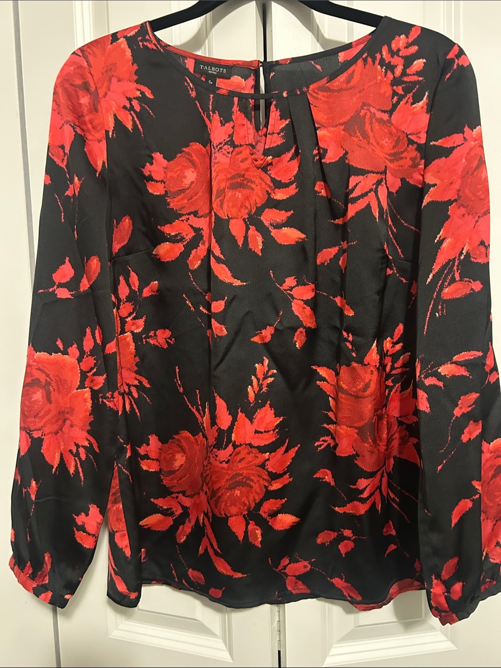 Talbots Black Blouse with Red Floral Design